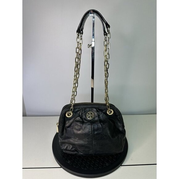 Tory Burch Dena Mini Black Crinkle Leather  Crossbody Chain Bag - Picture 1 of 11